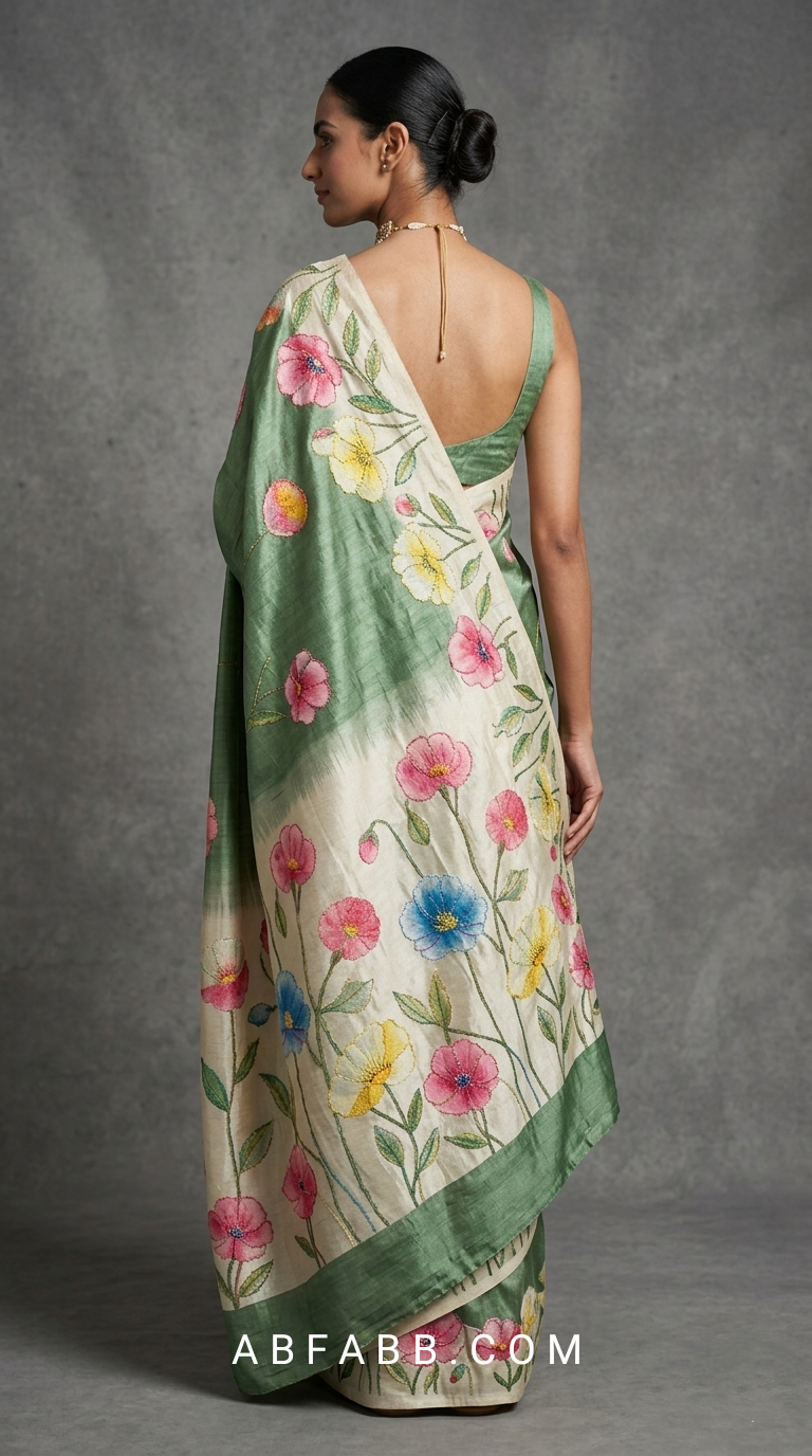 Olive Green Hand-Painted Floral Pure Tussar Silk Saree with Kantha Stitch