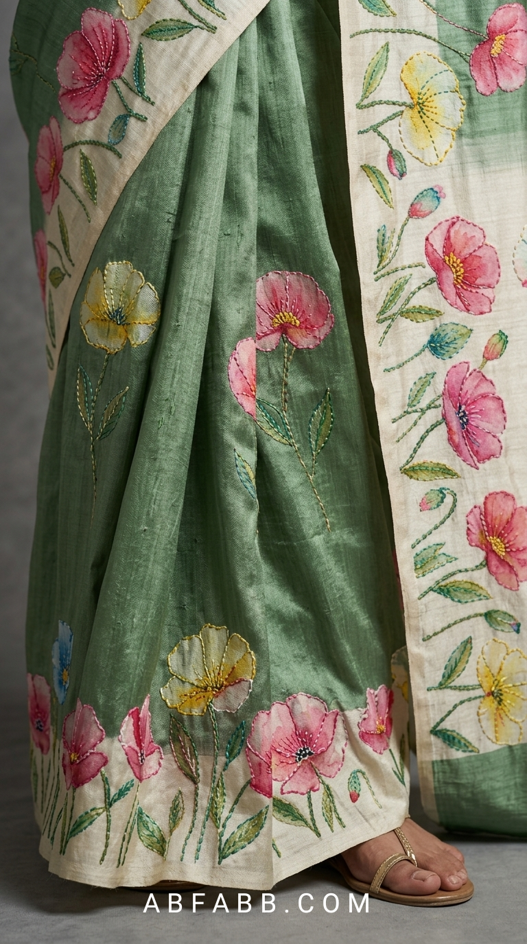 Olive Green Hand-Painted Floral Pure Tussar Silk Saree with Kantha Stitch