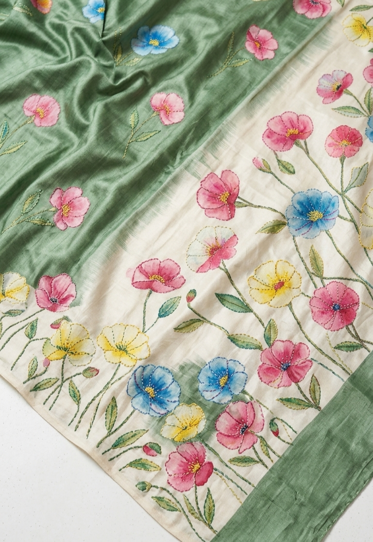 Olive Green Hand-Painted Floral Pure Tussar Silk Saree with Kantha Stitch