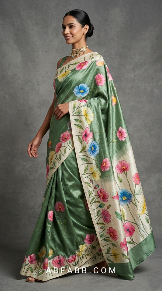 Olive Green Hand-Painted Floral Pure Tussar Silk Saree with Kantha Stitch