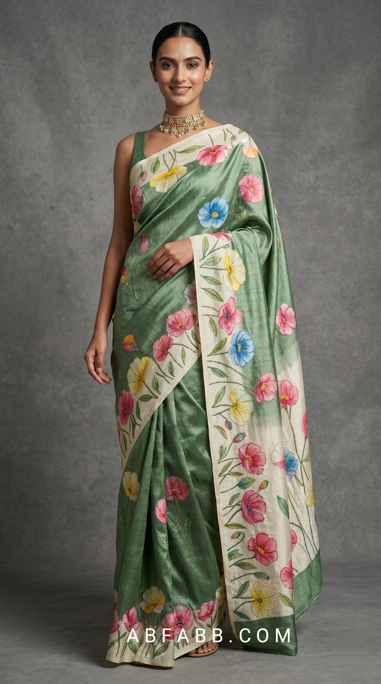 Olive Green Hand-Painted Floral Pure Tussar Silk Saree with Kantha Stitch