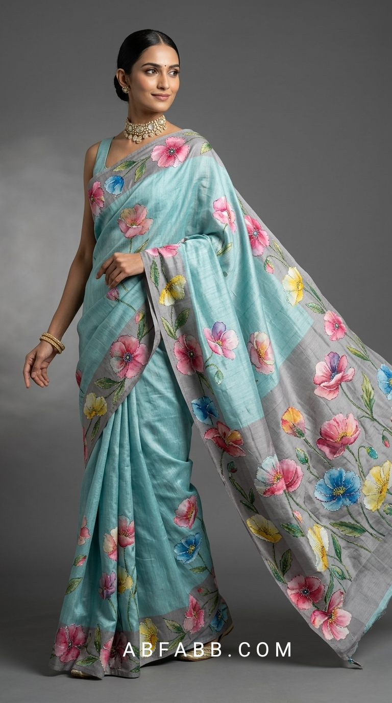 Hand-Painted Floral Tussar Silk Saree with Kantha Stitch