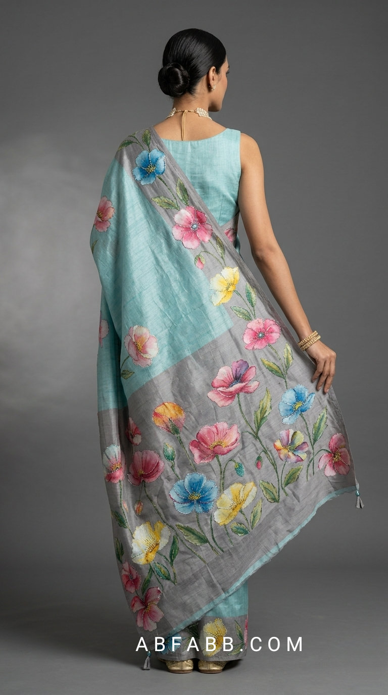 Hand-Painted Floral Tussar Silk Saree with Kantha Stitch