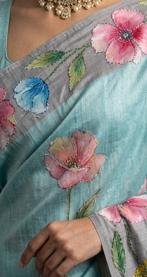 Hand-Painted Floral Tussar Silk Saree with Kantha Stitch