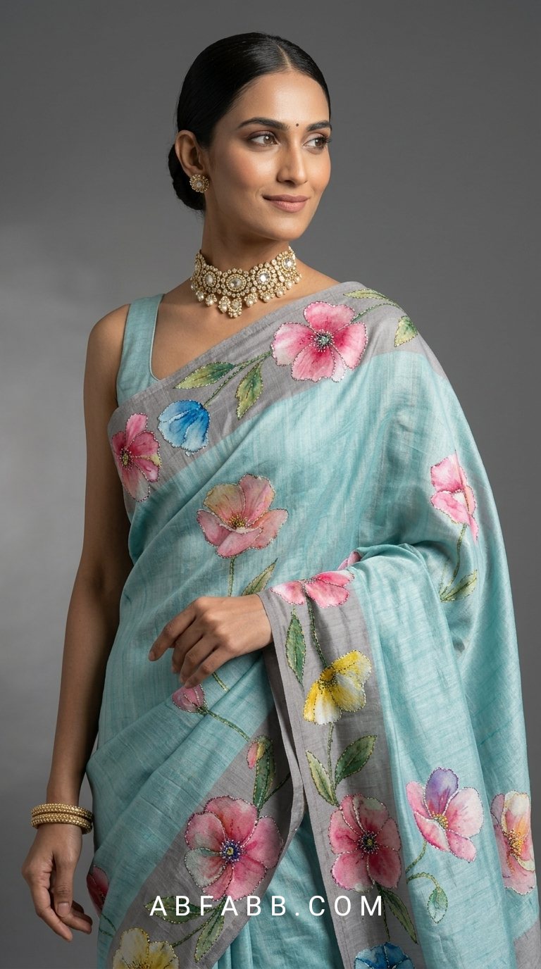 Hand-Painted Floral Tussar Silk Saree with Kantha Stitch
