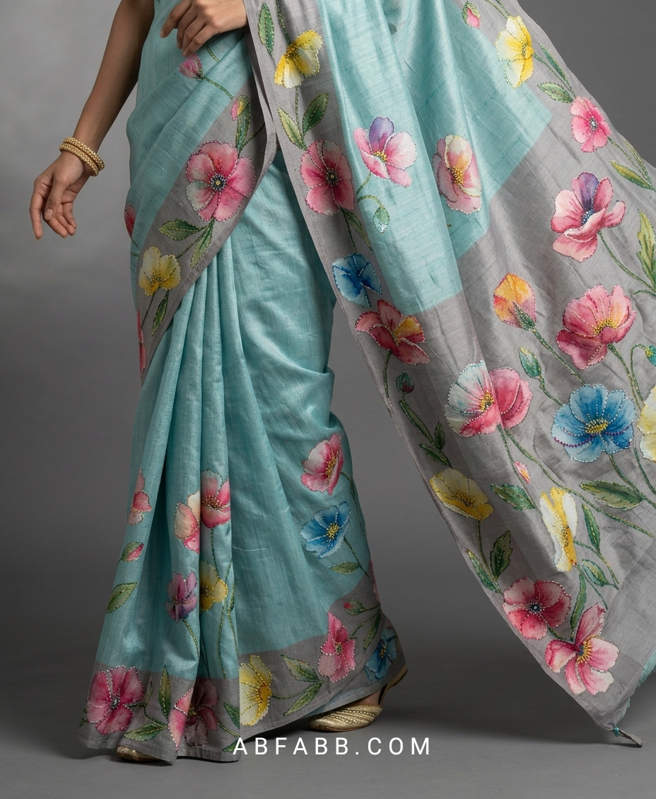 Hand-Painted Floral Tussar Silk Saree with Kantha Stitch