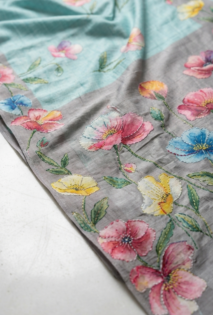Hand-Painted Floral Tussar Silk Saree with Kantha Stitch