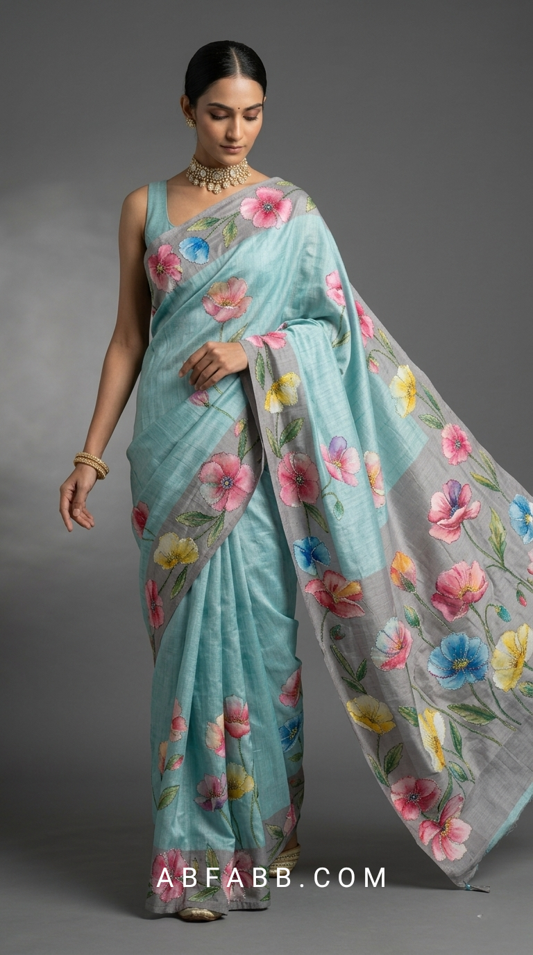 Hand-Painted Floral Tussar Silk Saree with Kantha Stitch