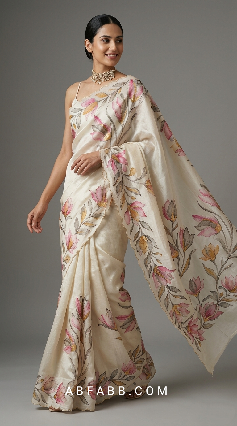 Ivory White Hand-Painted Floral Pure Tussar Silk Saree with Kantha Stitch