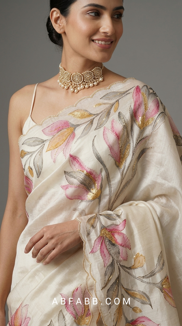 Ivory White Hand-Painted Floral Pure Tussar Silk Saree with Kantha Stitch