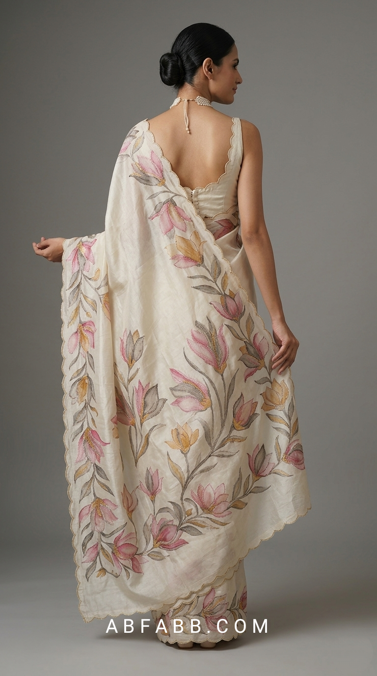 Ivory White Hand-Painted Floral Pure Tussar Silk Saree with Kantha Stitch