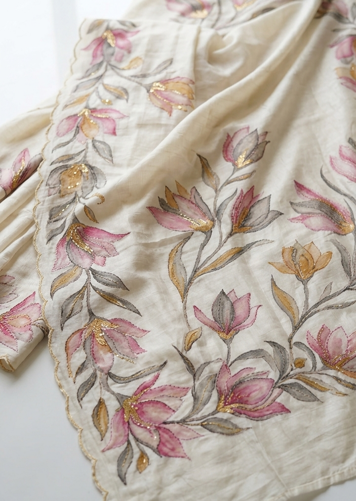 Ivory White Hand-Painted Floral Pure Tussar Silk Saree with Kantha Stitch