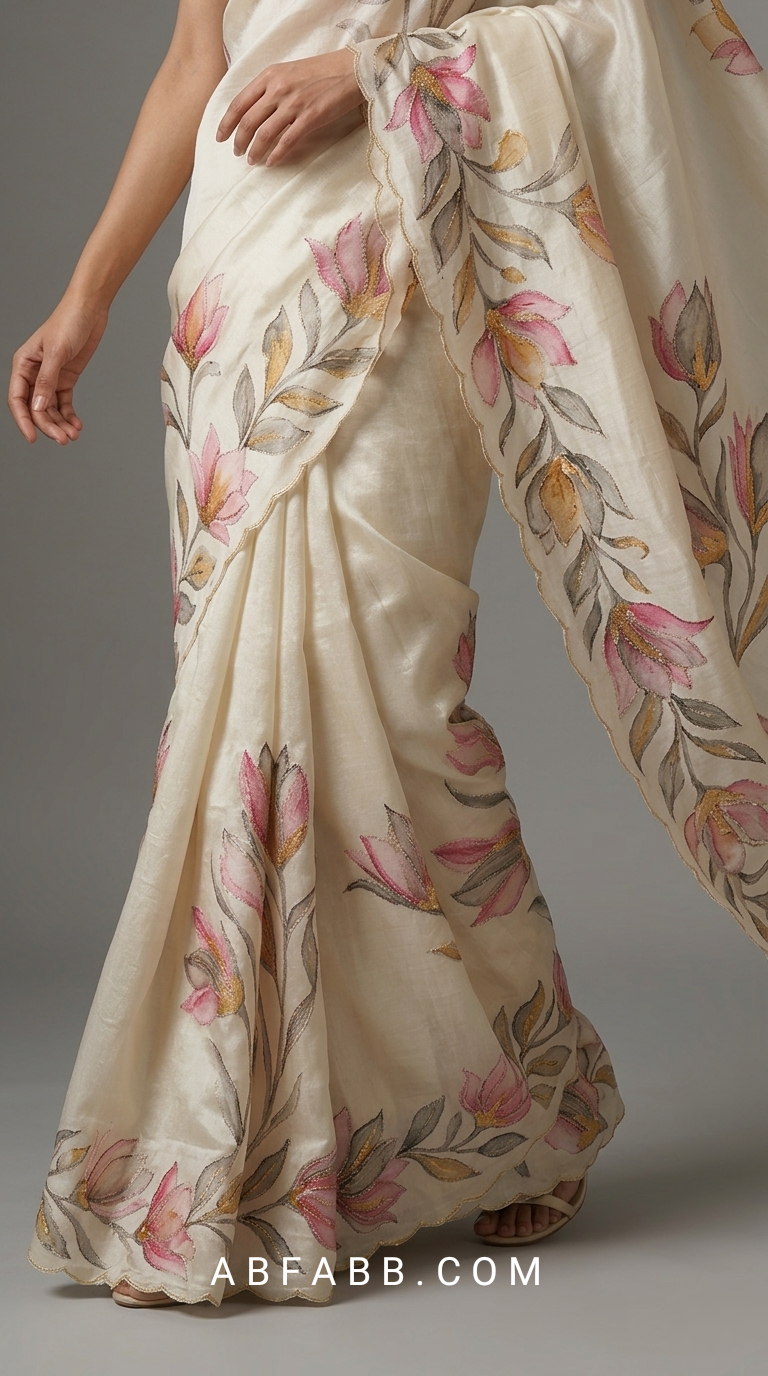 Ivory White Hand-Painted Floral Pure Tussar Silk Saree with Kantha Stitch