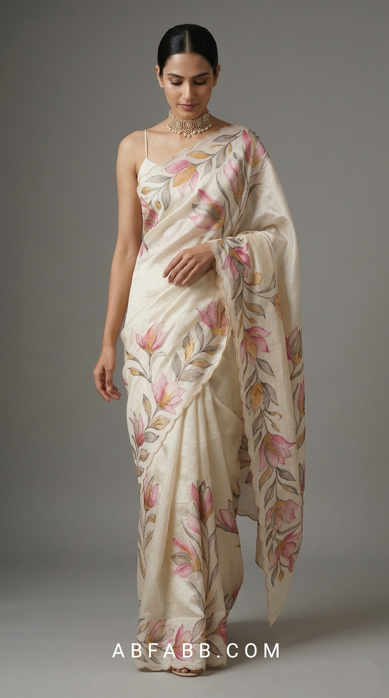Ivory White Hand-Painted Floral Pure Tussar Silk Saree with Kantha Stitch