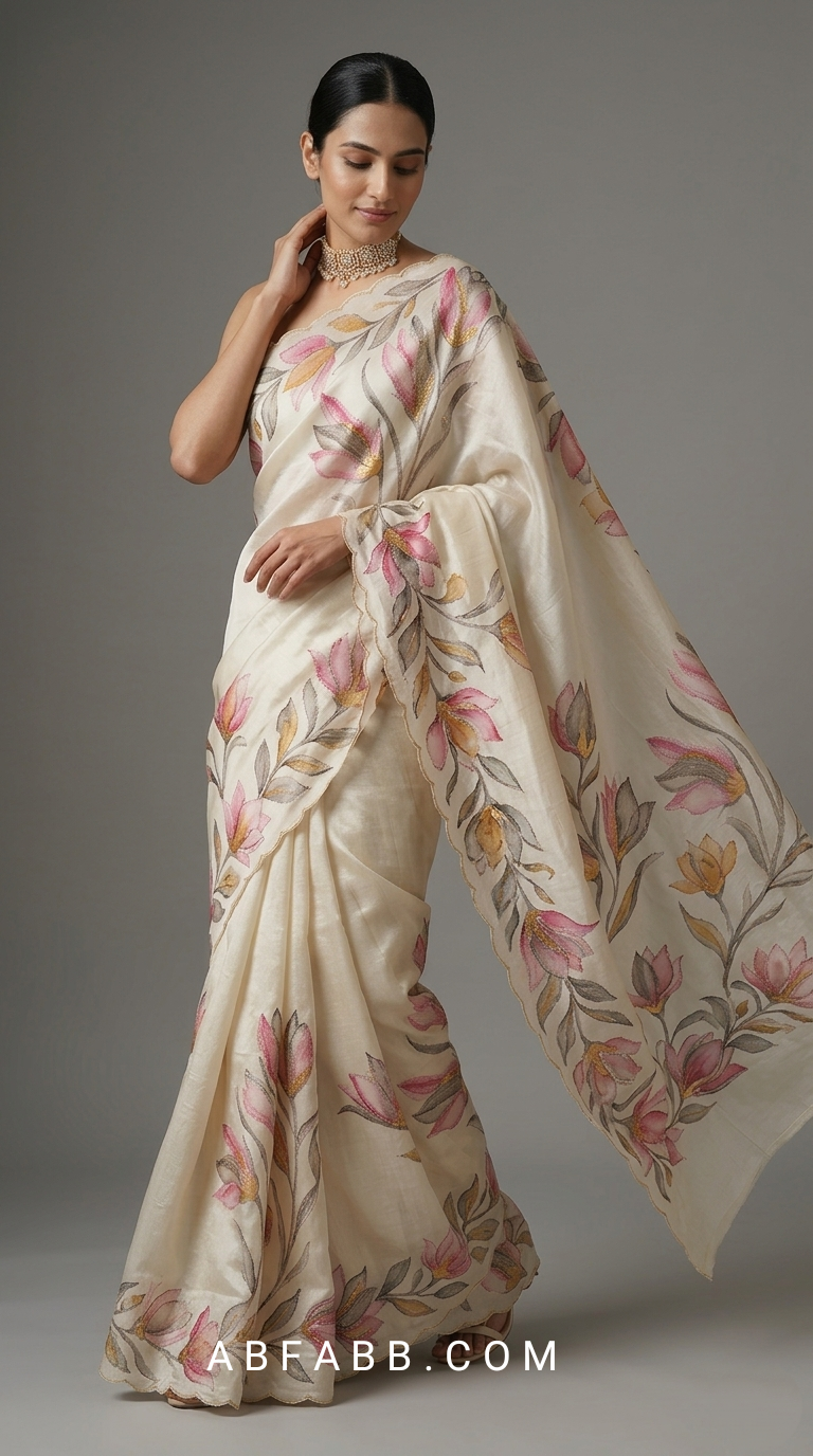 Ivory White Hand-Painted Floral Pure Tussar Silk Saree with Kantha Stitch