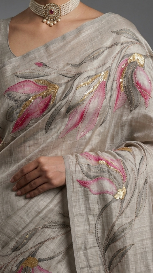 Natural Grey Hand-Painted Floral Pure Tussar Silk Saree with Kantha Stitch