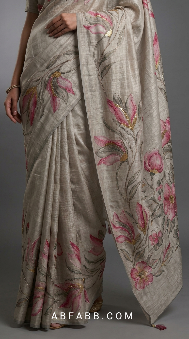 Natural Grey Hand-Painted Floral Pure Tussar Silk Saree with Kantha Stitch