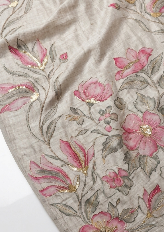 Natural Grey Hand-Painted Floral Pure Tussar Silk Saree with Kantha Stitch