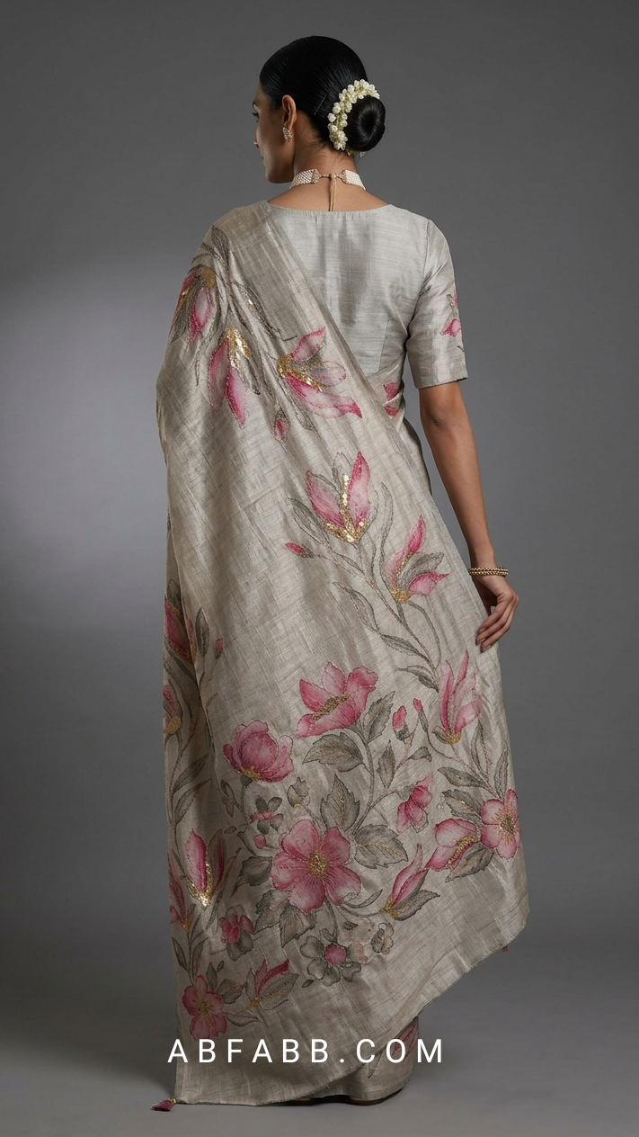 Natural Grey Hand-Painted Floral Pure Tussar Silk Saree with Kantha Stitch