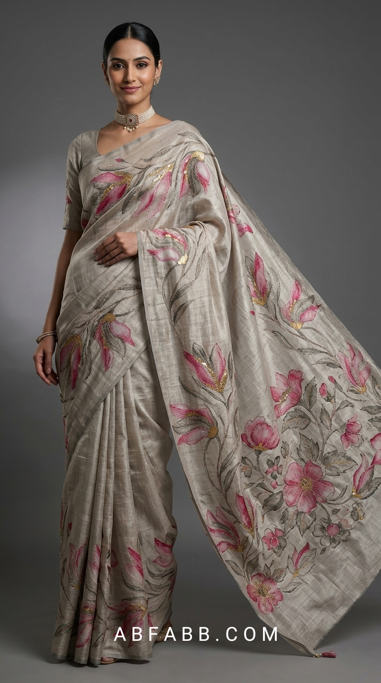 Natural Grey Hand-Painted Floral Pure Tussar Silk Saree with Kantha Stitch