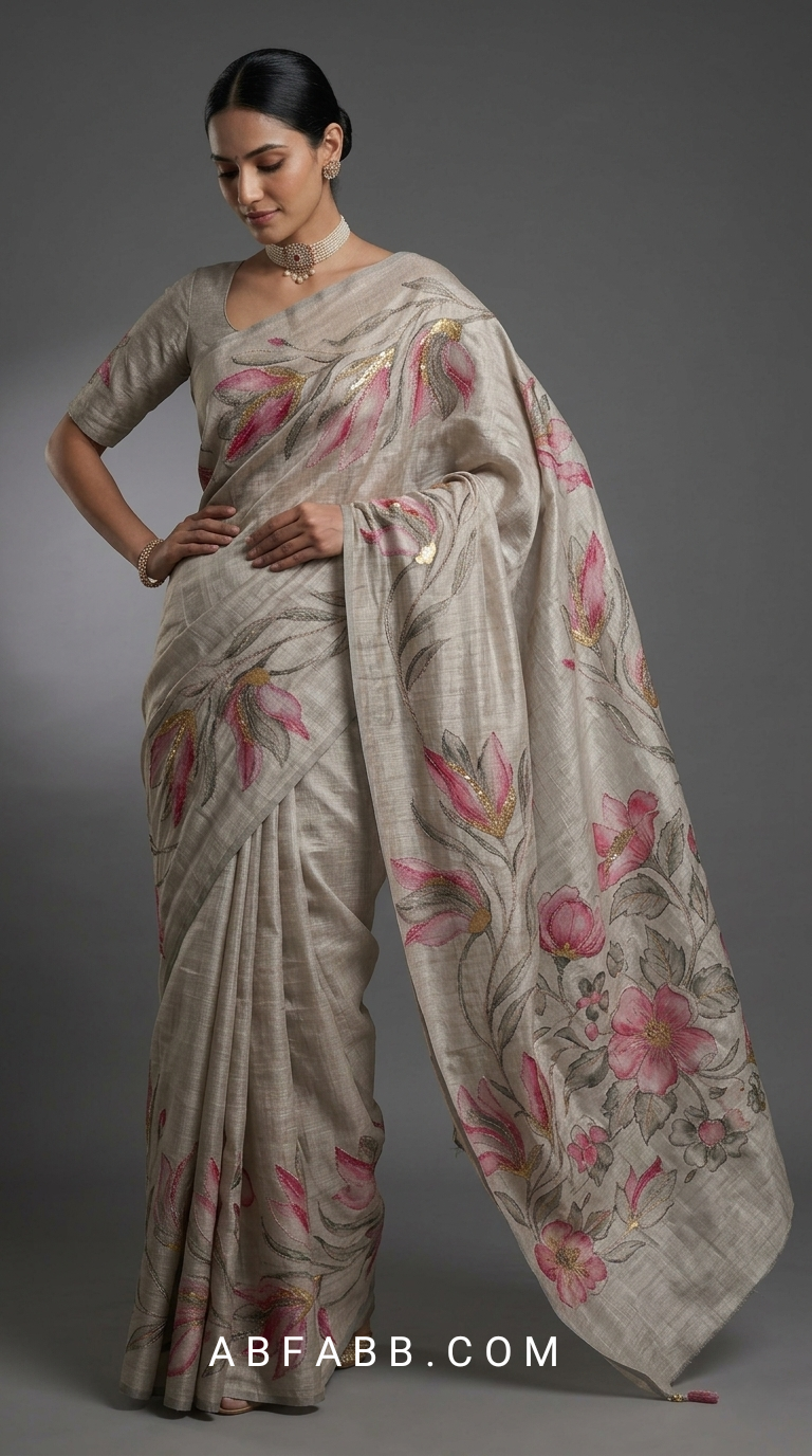 Natural Grey Hand-Painted Floral Pure Tussar Silk Saree with Kantha Stitch