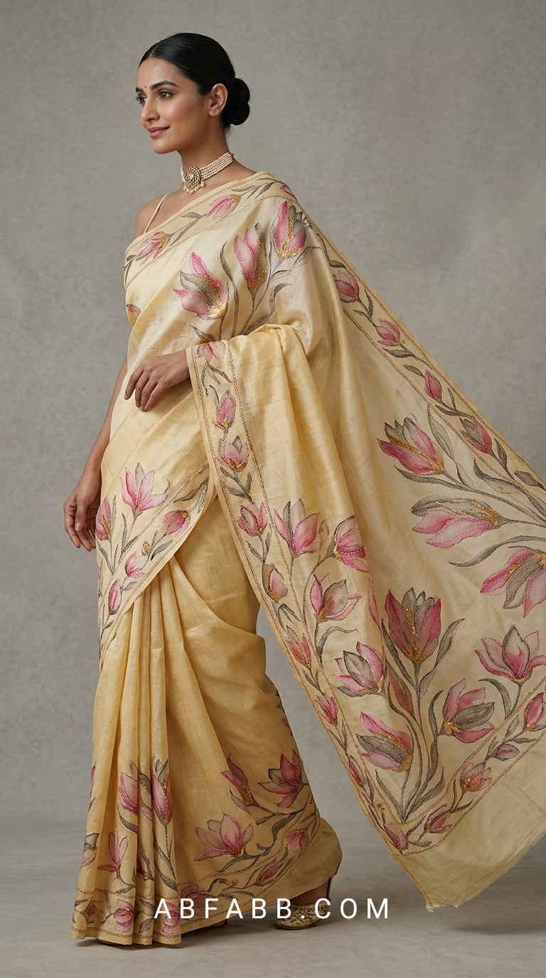 Honey Gold Hand-Painted Floral Pure Tussar Silk Saree with Kantha Stitch