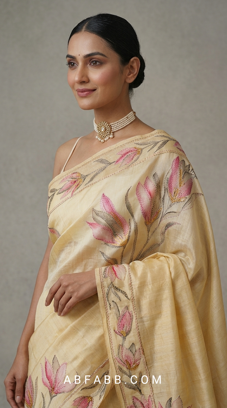 Honey Gold Hand-Painted Floral Pure Tussar Silk Saree with Kantha Stitch