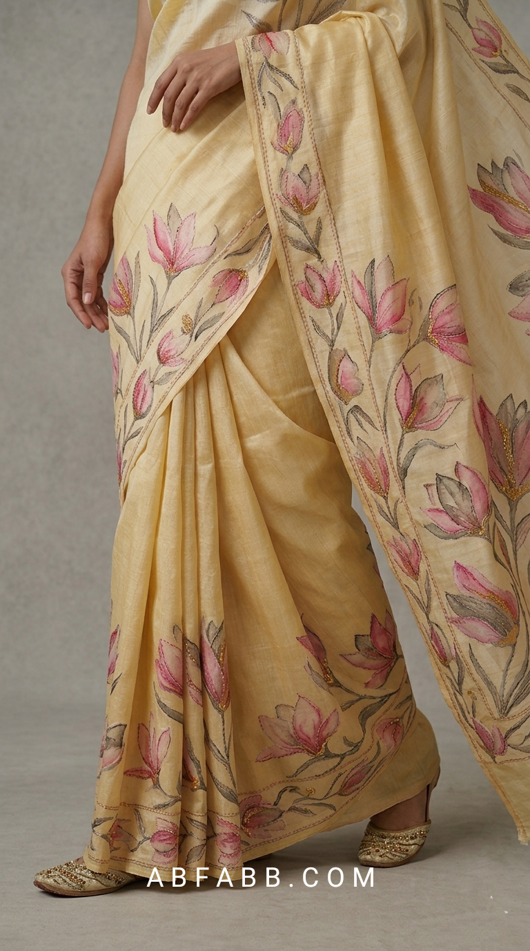 Honey Gold Hand-Painted Floral Pure Tussar Silk Saree with Kantha Stitch