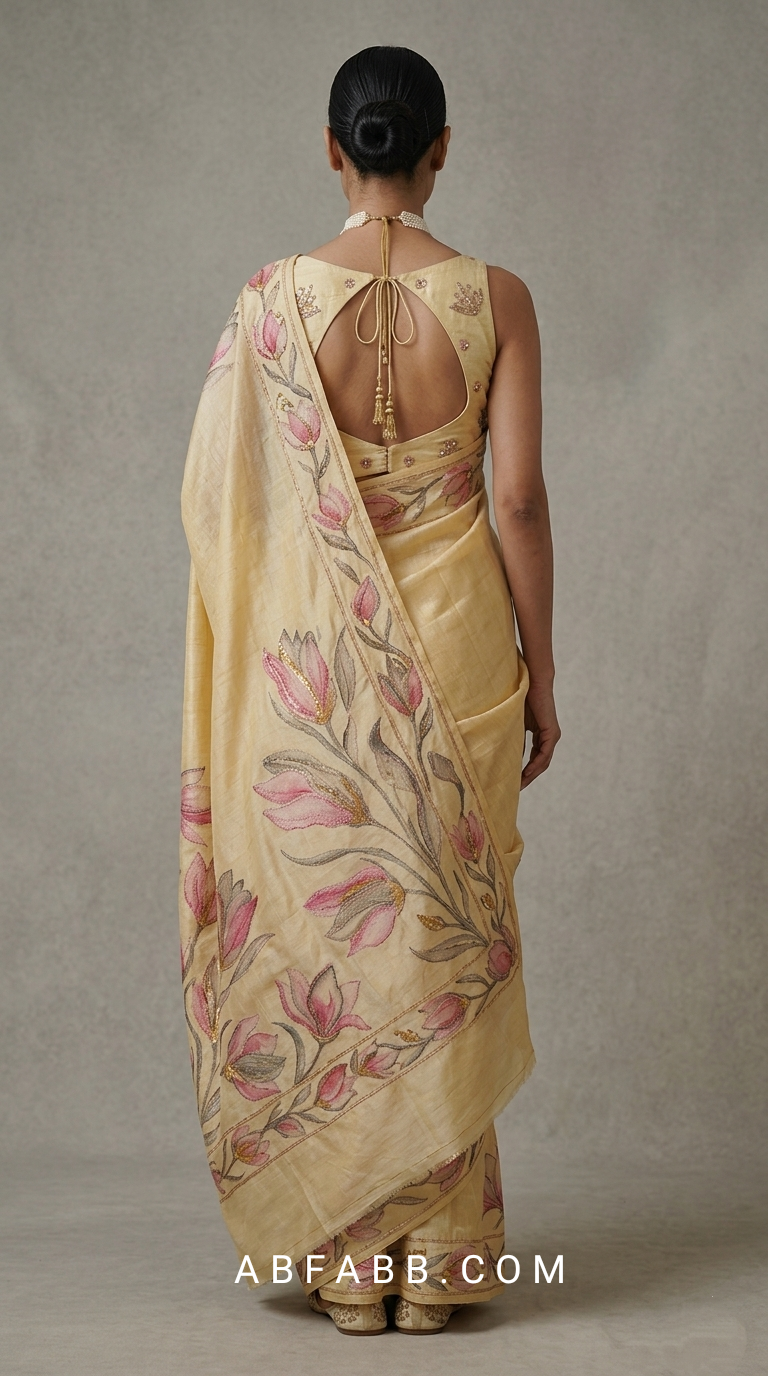 Honey Gold Hand-Painted Floral Pure Tussar Silk Saree with Kantha Stitch
