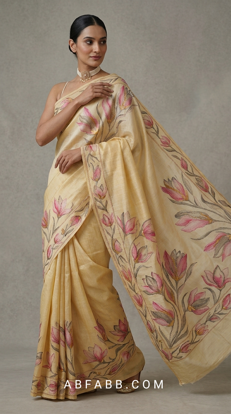 Honey Gold Hand-Painted Floral Pure Tussar Silk Saree with Kantha Stitch