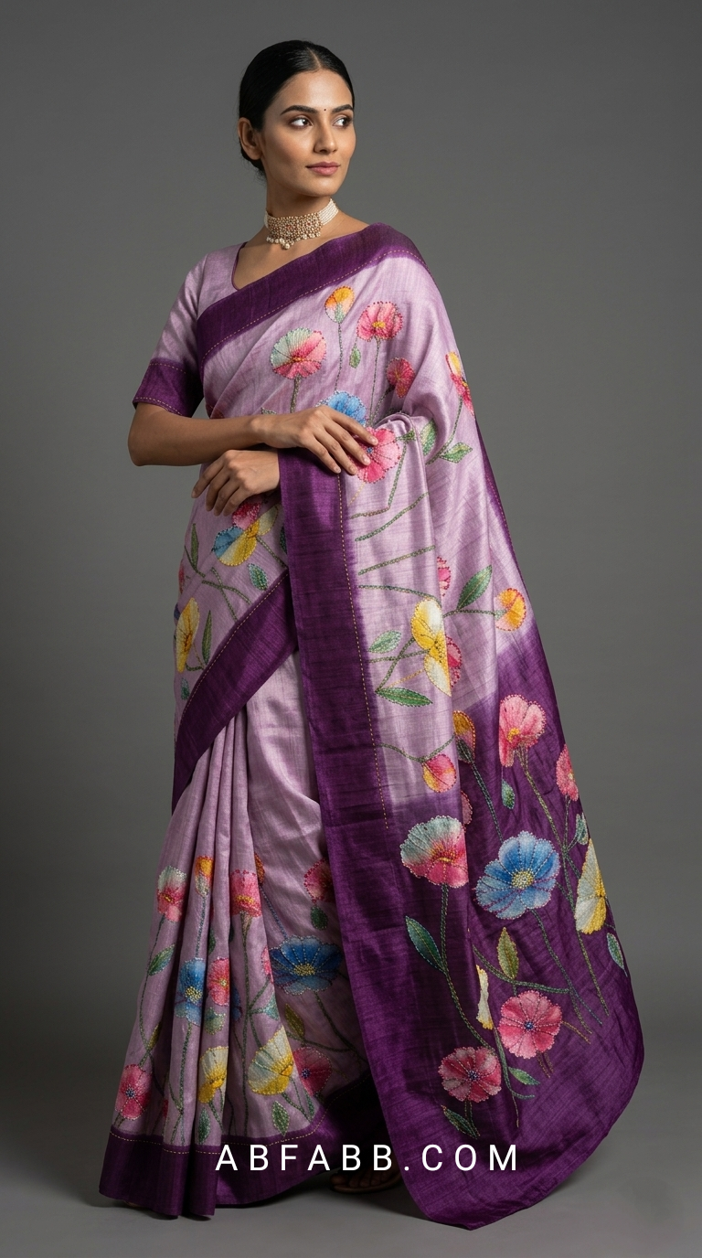 Lavender & Royal Purple Hand-Painted Floral Pure Tussar Silk Saree with Kantha Stitch