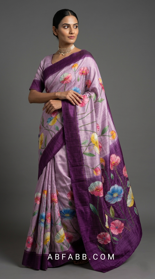 Lavender & Royal Purple Hand-Painted Floral Pure Tussar Silk Saree with Kantha Stitch