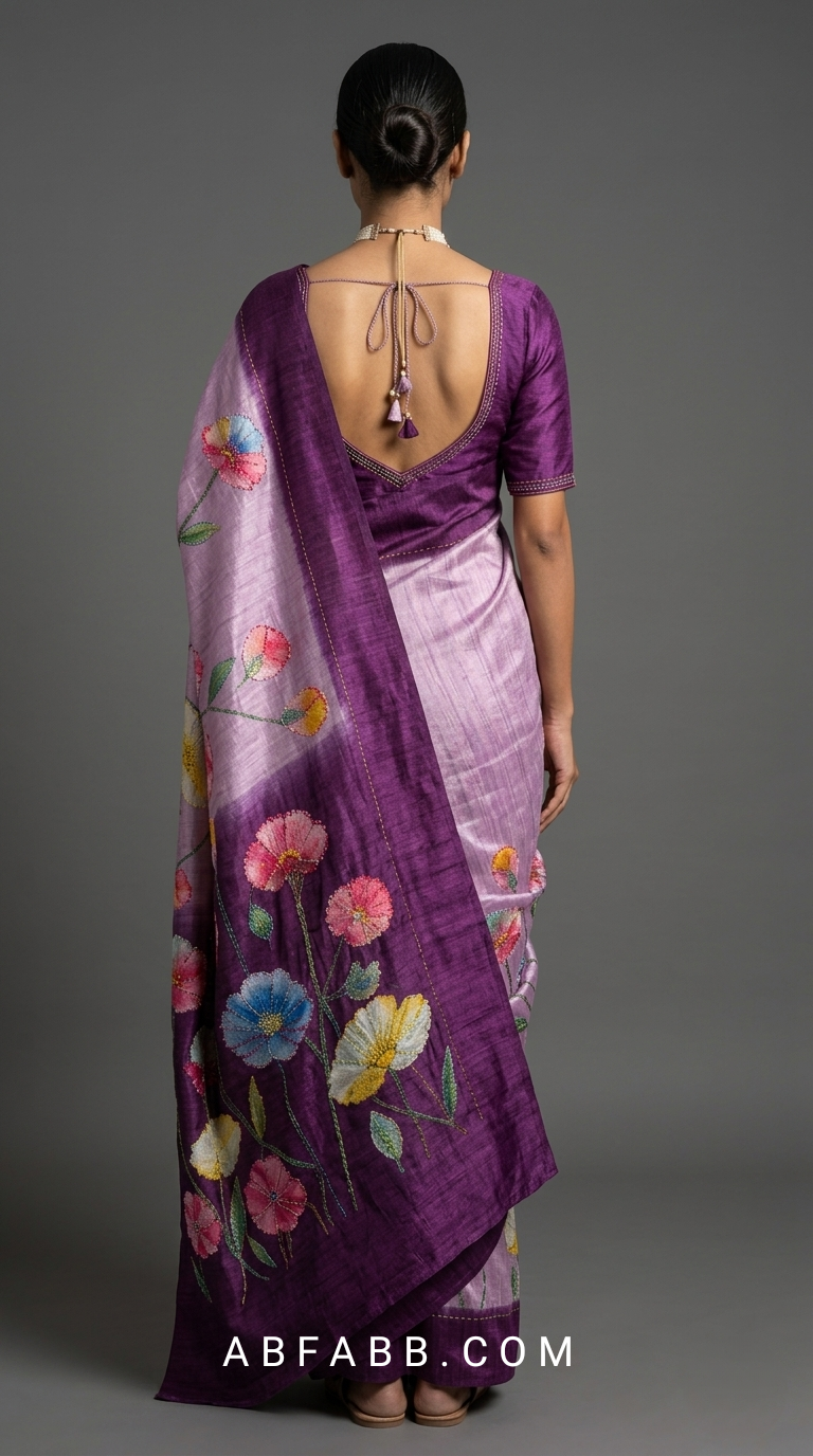 Lavender & Royal Purple Hand-Painted Floral Pure Tussar Silk Saree with Kantha Stitch