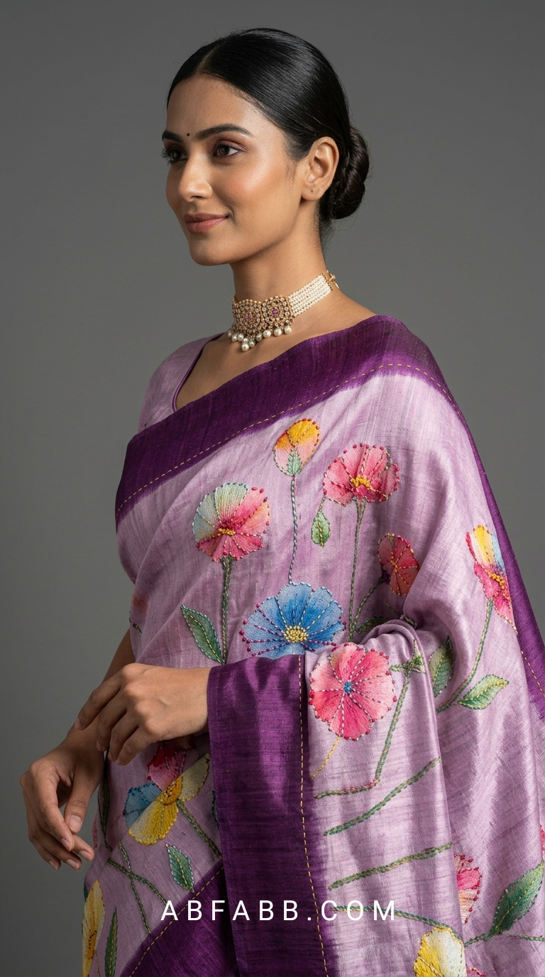 Lavender & Royal Purple Hand-Painted Floral Pure Tussar Silk Saree with Kantha Stitch