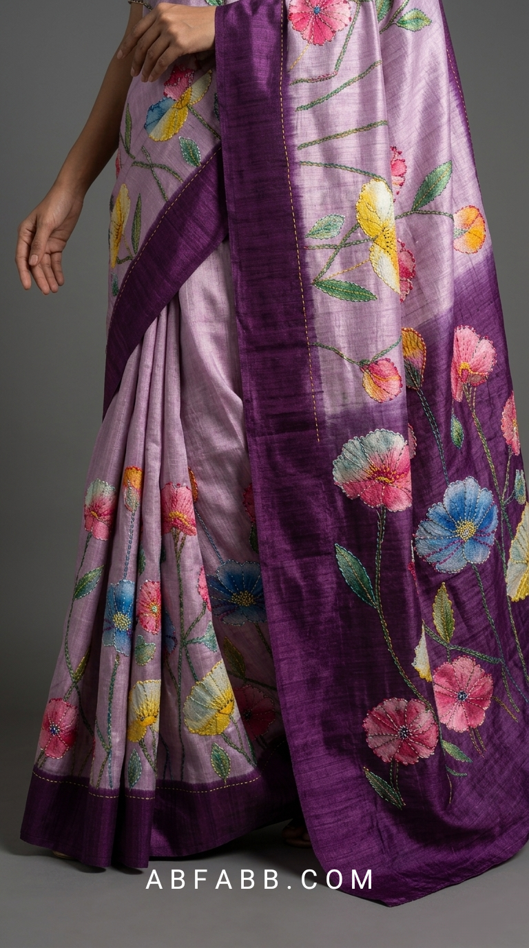 Lavender & Royal Purple Hand-Painted Floral Pure Tussar Silk Saree with Kantha Stitch