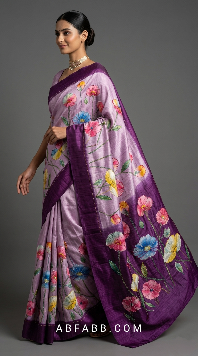 Lavender & Royal Purple Hand-Painted Floral Pure Tussar Silk Saree with Kantha Stitch