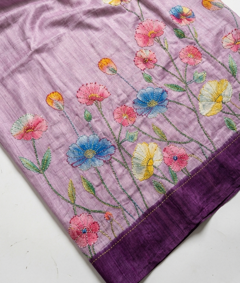 Lavender & Royal Purple Hand-Painted Floral Pure Tussar Silk Saree with Kantha Stitch