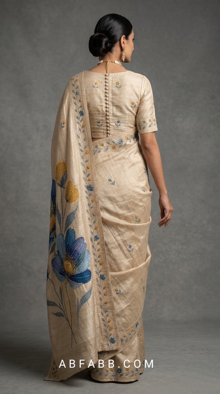 Champagne Beige Hand-Painted Floral Pure Tussar Silk Saree with Kantha Stitch