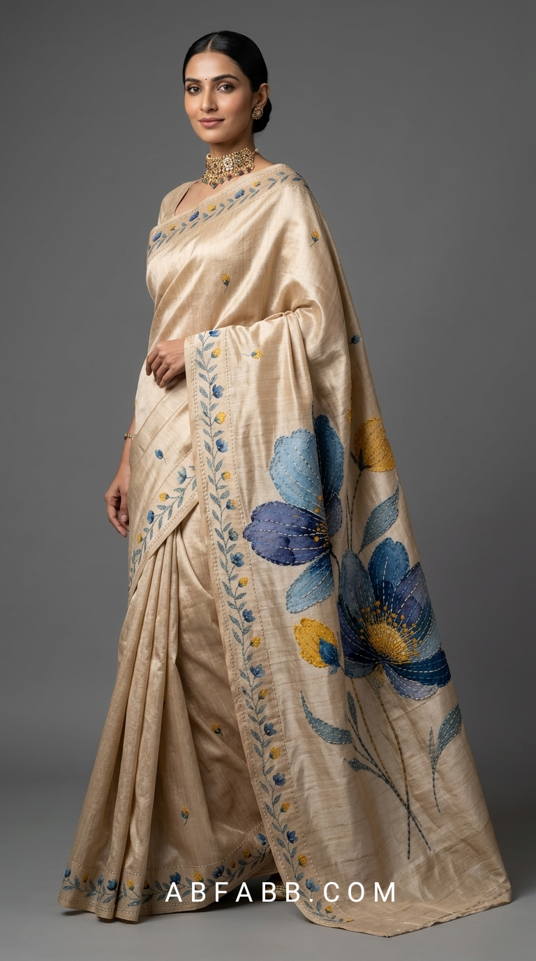 Champagne Beige Hand-Painted Floral Pure Tussar Silk Saree with Kantha Stitch