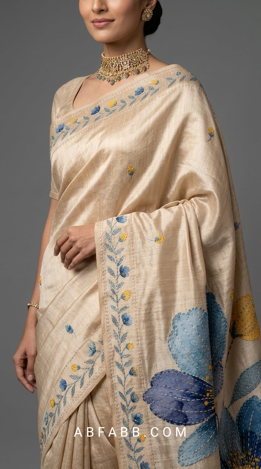 Champagne Beige Hand-Painted Floral Pure Tussar Silk Saree with Kantha Stitch