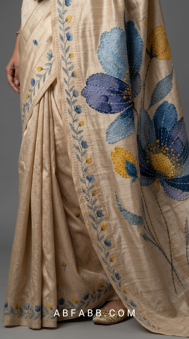 Champagne Beige Hand-Painted Floral Pure Tussar Silk Saree with Kantha Stitch