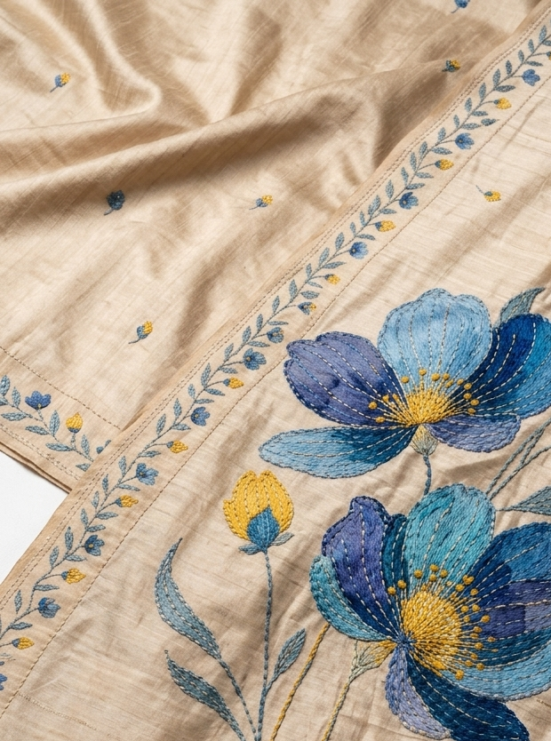 Champagne Beige Hand-Painted Floral Pure Tussar Silk Saree with Kantha Stitch