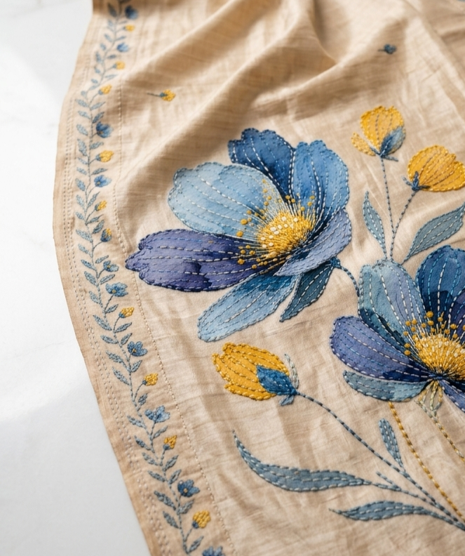 Champagne Beige Hand-Painted Floral Pure Tussar Silk Saree with Kantha Stitch