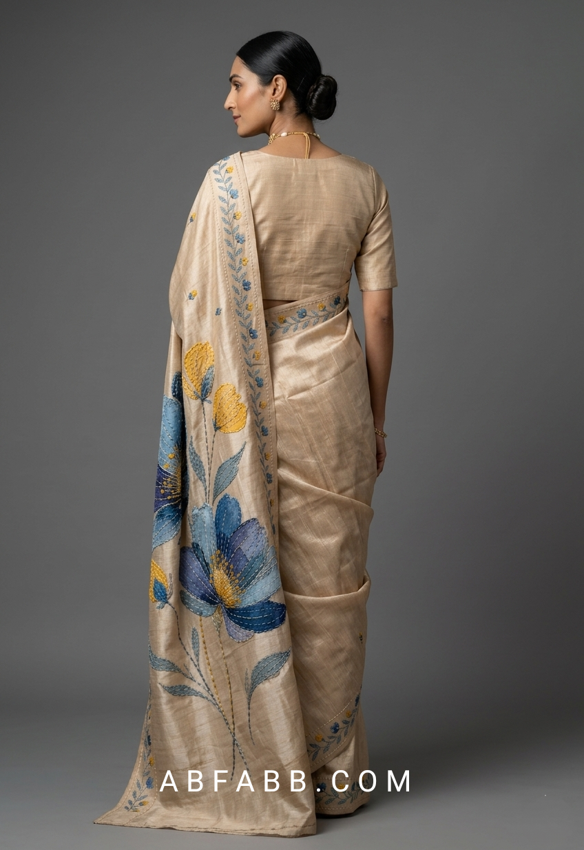 Champagne Beige Hand-Painted Floral Pure Tussar Silk Saree with Kantha Stitch