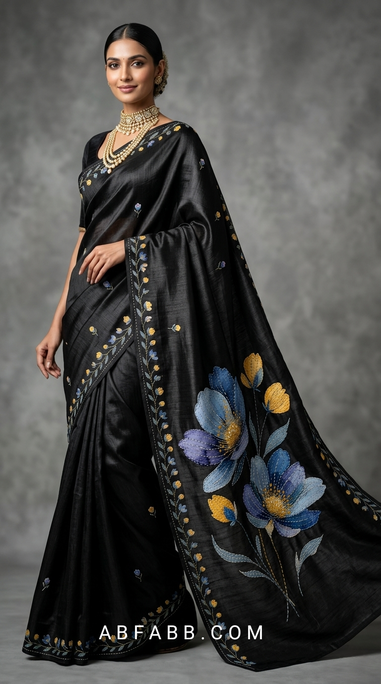 Black Hand-Painted Floral Pure Tussar Silk Saree with Kantha Stitch