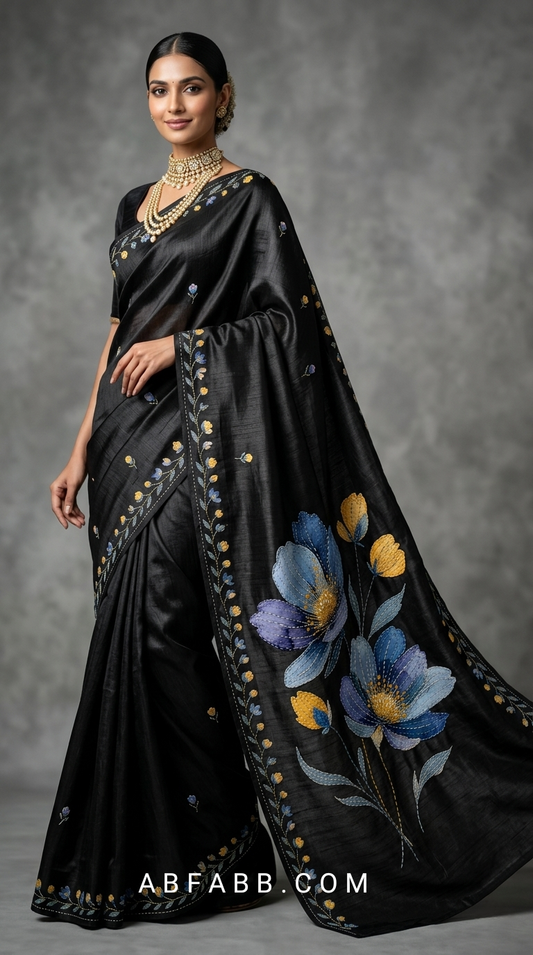 Black Hand-Painted Floral Pure Tussar Silk Saree with Kantha Stitch