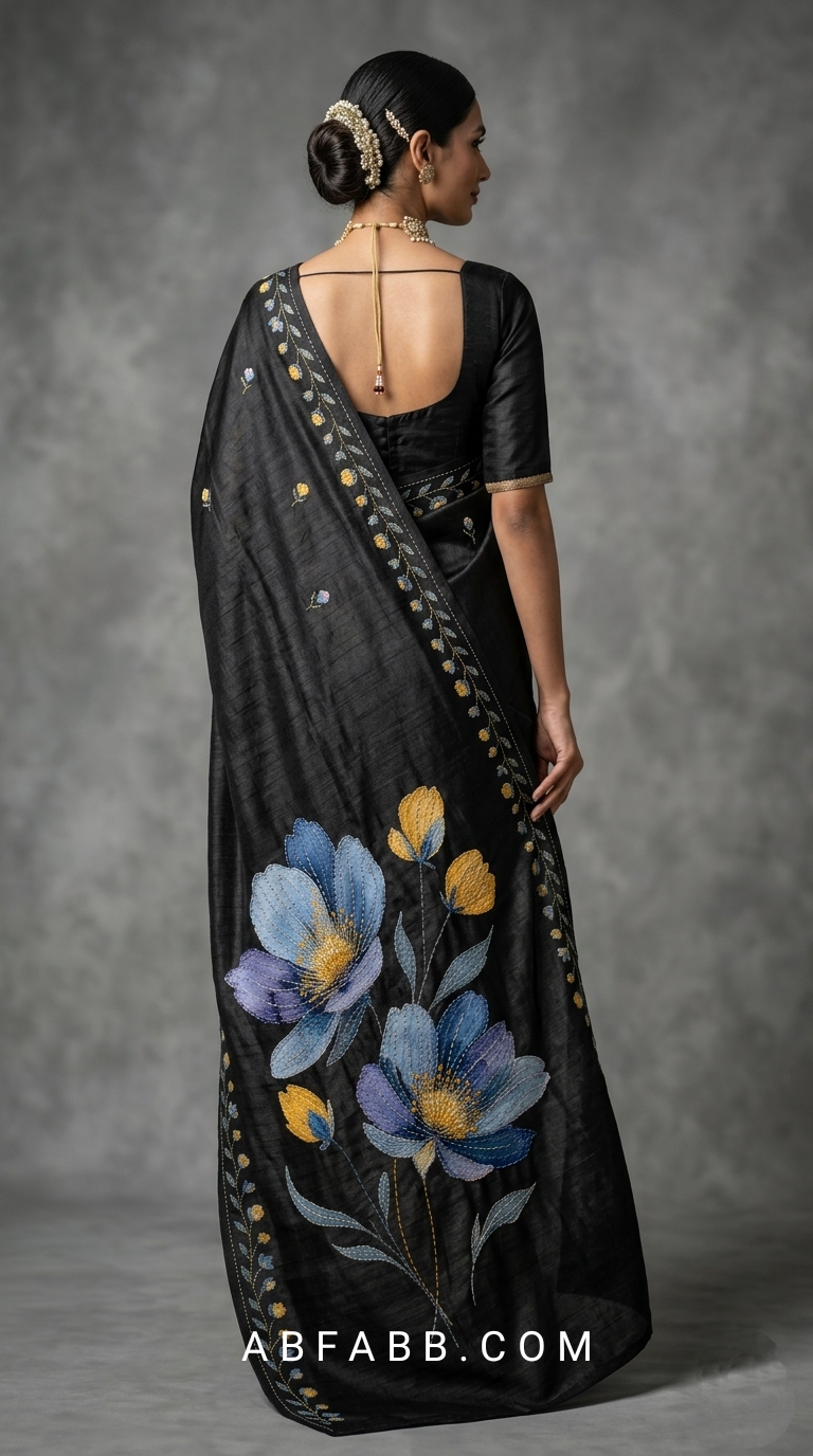 Black Hand-Painted Floral Pure Tussar Silk Saree with Kantha Stitch