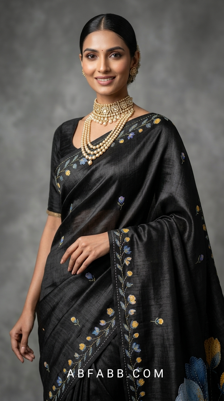 Black Hand-Painted Floral Pure Tussar Silk Saree with Kantha Stitch