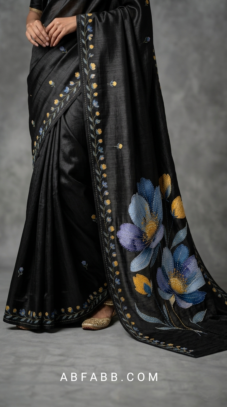 Black Hand-Painted Floral Pure Tussar Silk Saree with Kantha Stitch