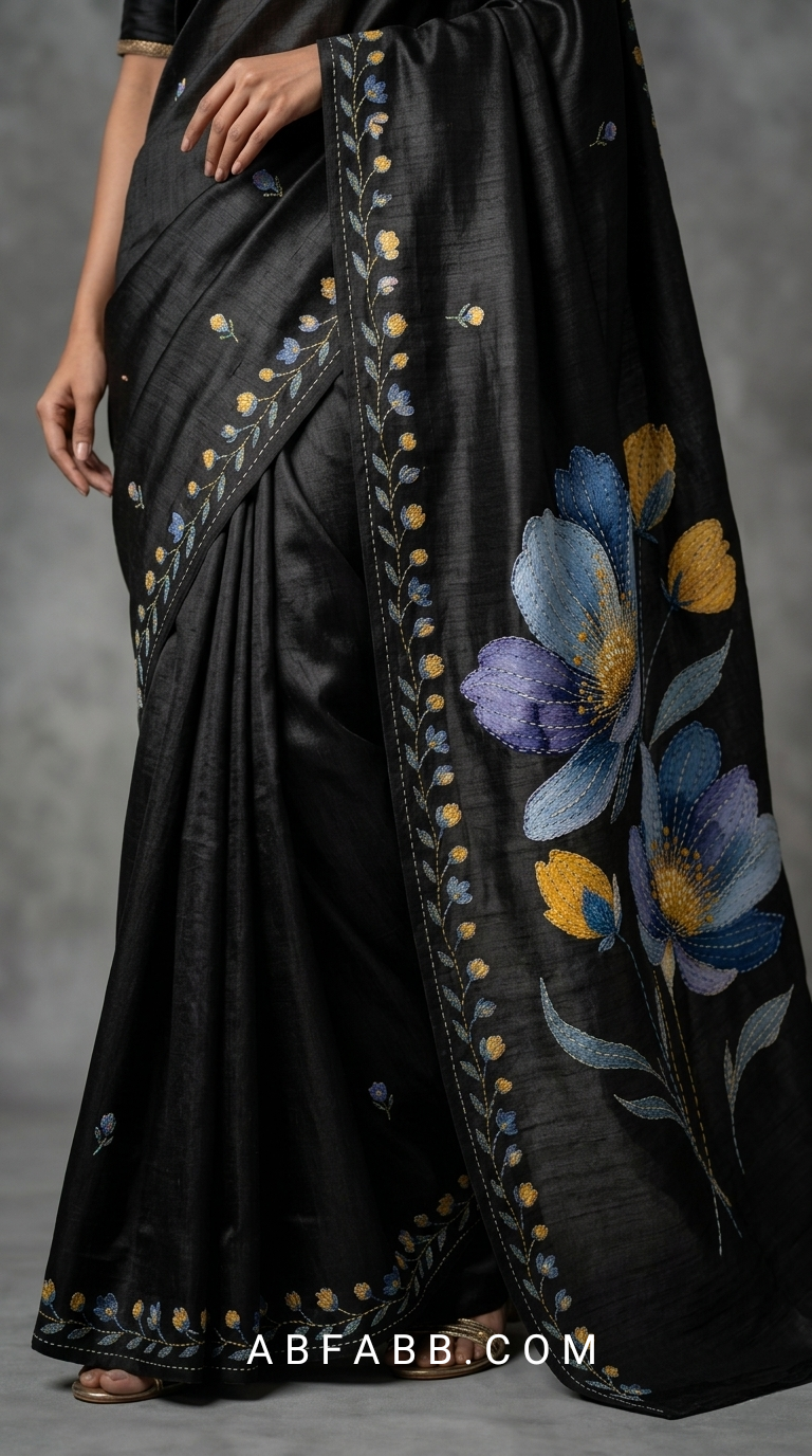 Black Hand-Painted Floral Pure Tussar Silk Saree with Kantha Stitch